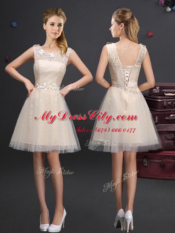 Free and Easy Scoop Champagne Lace Up Damas Dress Lace and Appliques and Belt Sleeveless Mini Length