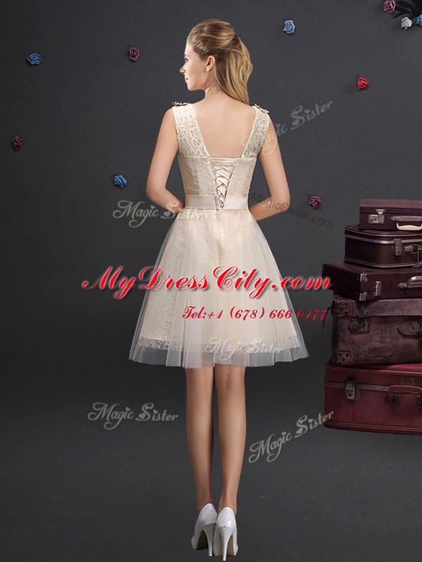 Free and Easy Scoop Champagne Lace Up Damas Dress Lace and Appliques and Belt Sleeveless Mini Length