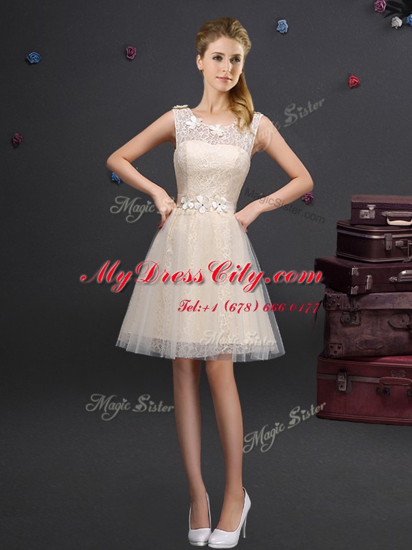 Free and Easy Scoop Champagne Lace Up Damas Dress Lace and Appliques and Belt Sleeveless Mini Length