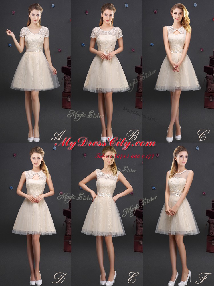 Free and Easy Scoop Champagne Lace Up Damas Dress Lace and Appliques and Belt Sleeveless Mini Length