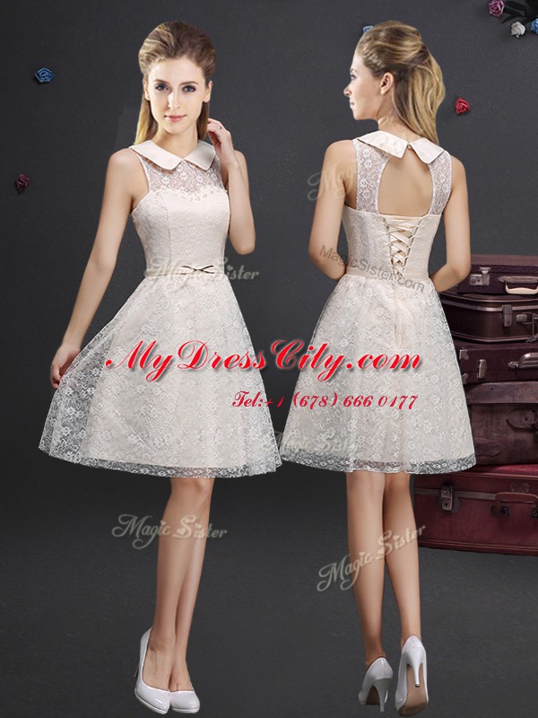 A-line Quinceanera Court Dresses Champagne High-neck Lace Sleeveless Knee Length Lace Up