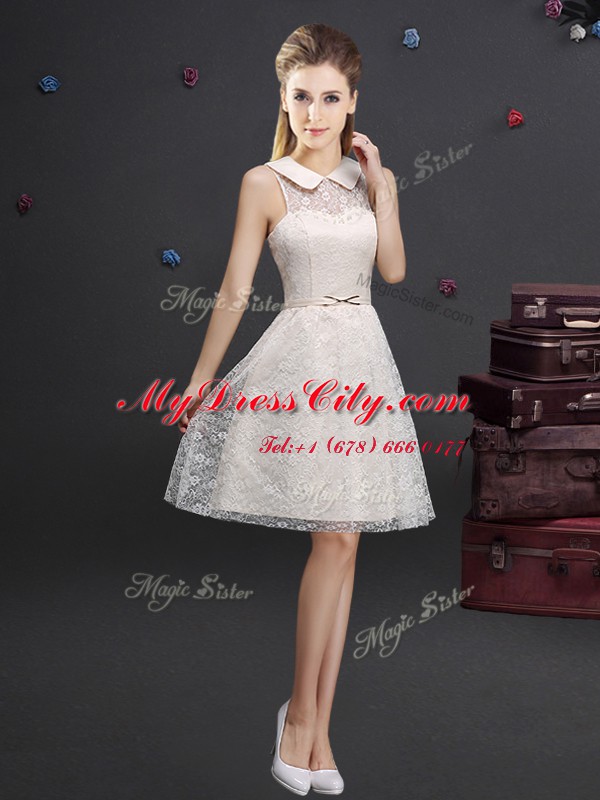 A-line Quinceanera Court Dresses Champagne High-neck Lace Sleeveless Knee Length Lace Up