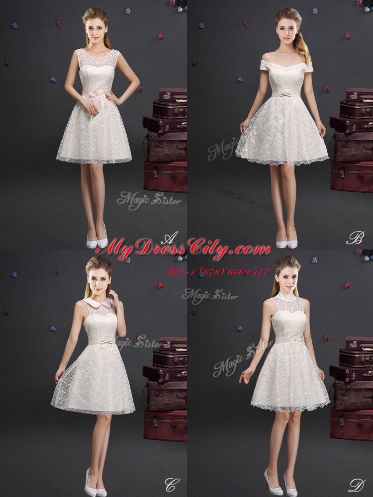 A-line Quinceanera Court Dresses Champagne High-neck Lace Sleeveless Knee Length Lace Up