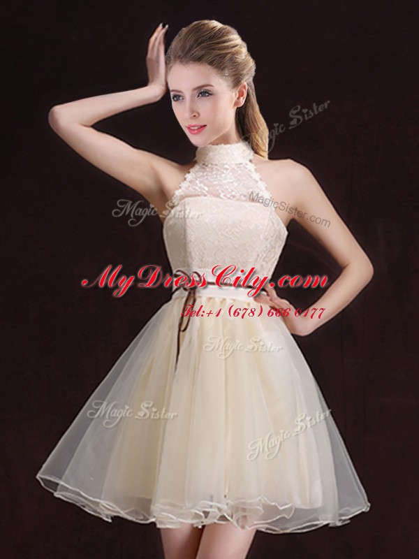 Perfect Halter Top Mini Length Champagne Bridesmaid Dress Organza Sleeveless Lace and Belt