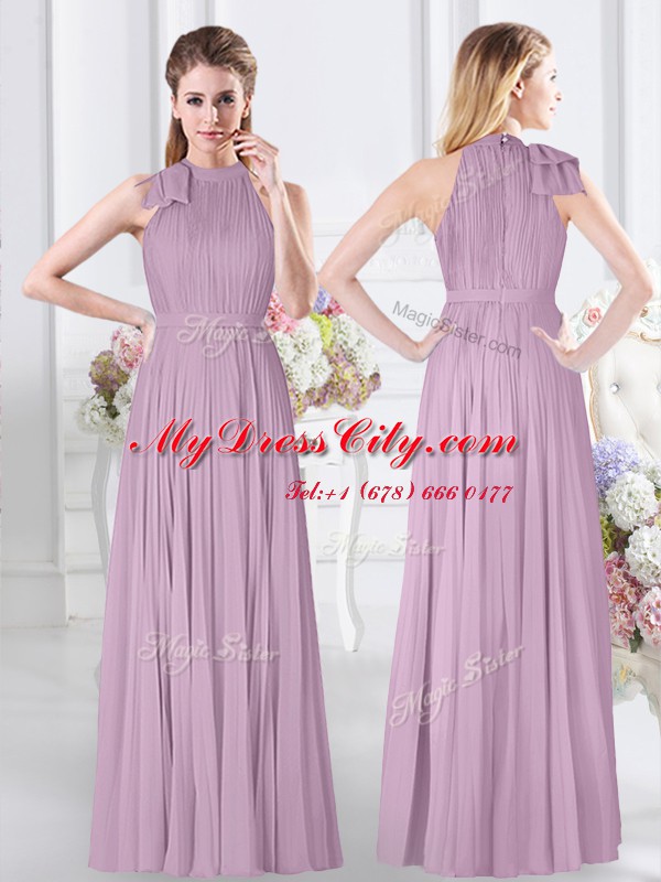 Beauteous Lavender Sleeveless Floor Length Ruching Zipper Damas Dress