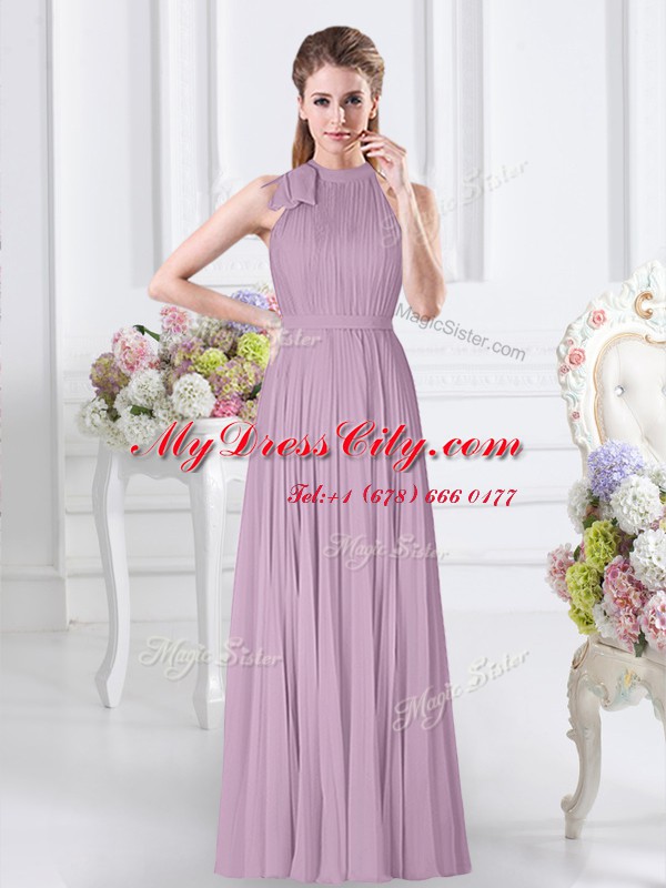 Beauteous Lavender Sleeveless Floor Length Ruching Zipper Damas Dress