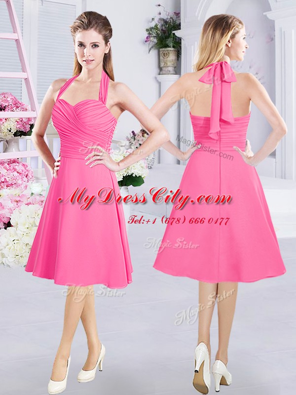 Halter Top Sleeveless Knee Length Ruching Zipper Bridesmaid Dresses with Hot Pink