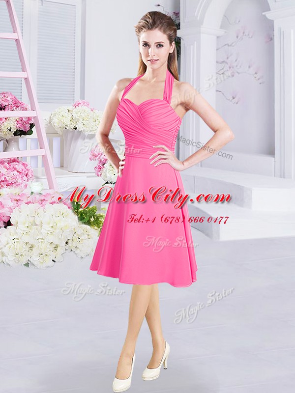 Halter Top Sleeveless Knee Length Ruching Zipper Bridesmaid Dresses with Hot Pink