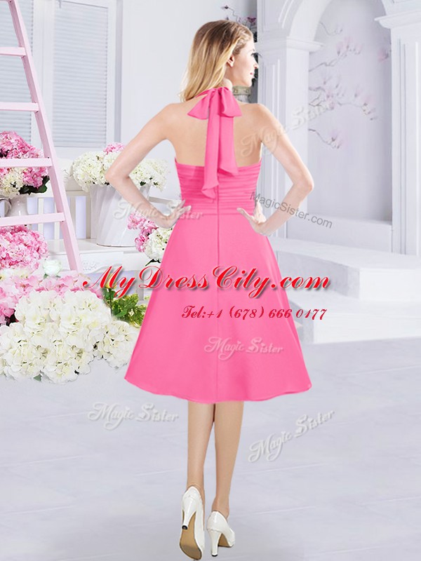 Halter Top Sleeveless Knee Length Ruching Zipper Bridesmaid Dresses with Hot Pink