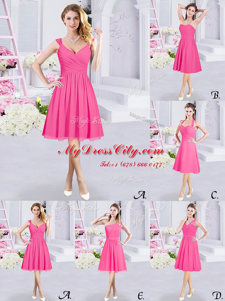 Halter Top Sleeveless Knee Length Ruching Zipper Bridesmaid Dresses with Hot Pink