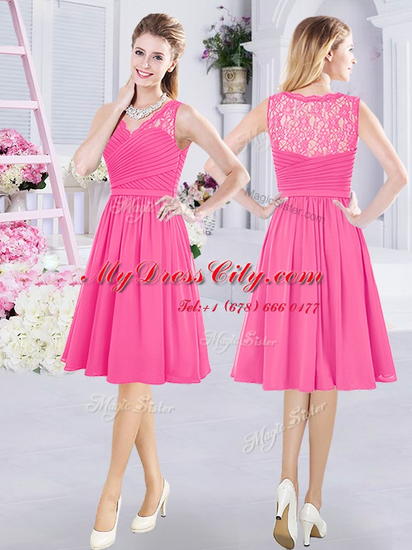 Hot Pink Side Zipper V-neck Lace and Ruching Wedding Party Dress Chiffon Sleeveless