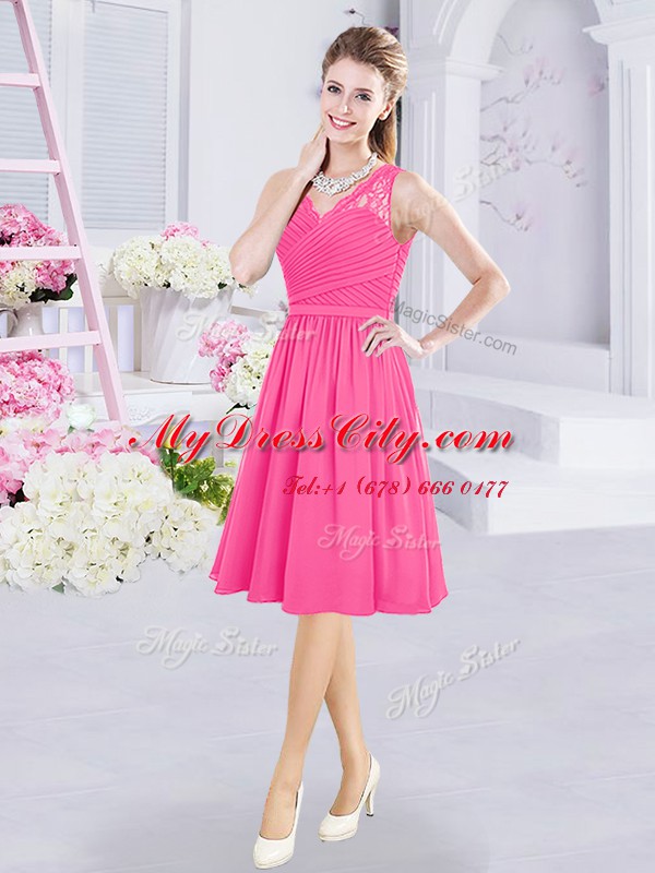 Hot Pink Side Zipper V-neck Lace and Ruching Wedding Party Dress Chiffon Sleeveless