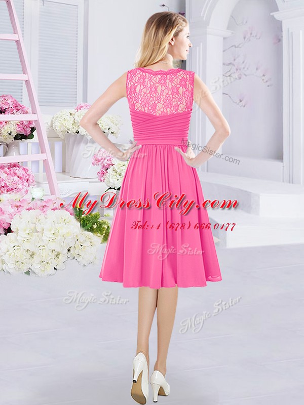 Hot Pink Side Zipper V-neck Lace and Ruching Wedding Party Dress Chiffon Sleeveless