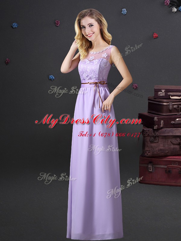 See Through Lavender Lace Up Scoop Lace and Appliques and Belt Wedding Guest Dresses Chiffon Sleeveless