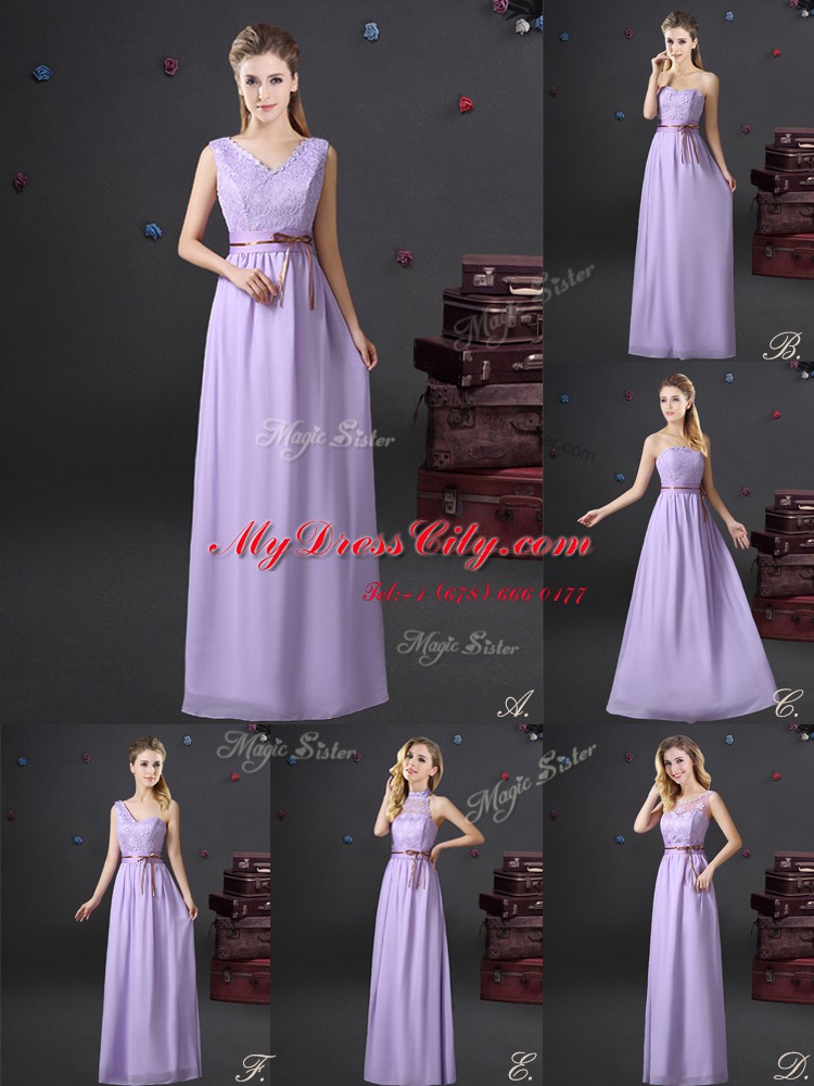 See Through Lavender Lace Up Scoop Lace and Appliques and Belt Wedding Guest Dresses Chiffon Sleeveless