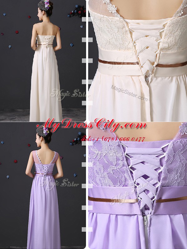 See Through Lavender Lace Up Scoop Lace and Appliques and Belt Wedding Guest Dresses Chiffon Sleeveless