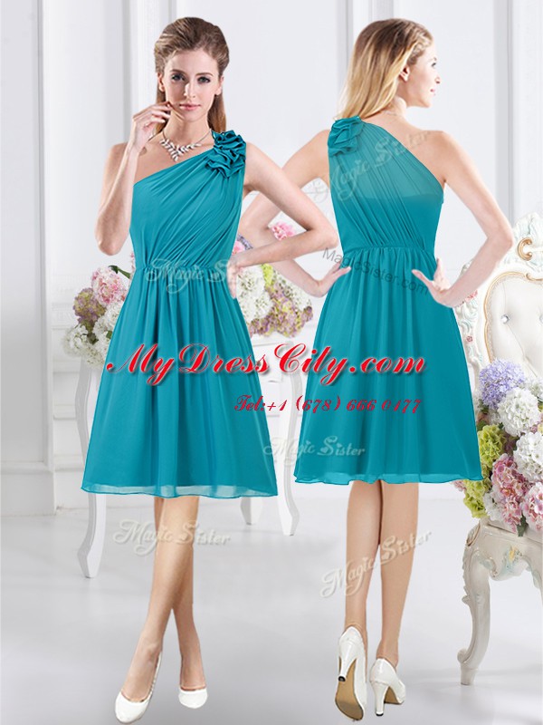 Dramatic One Shoulder Knee Length Empire Sleeveless Teal Vestidos de Damas Side Zipper