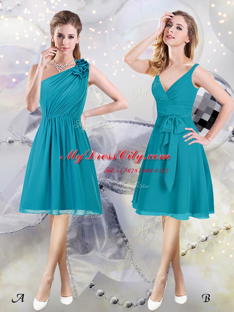 Dramatic One Shoulder Knee Length Empire Sleeveless Teal Vestidos de Damas Side Zipper