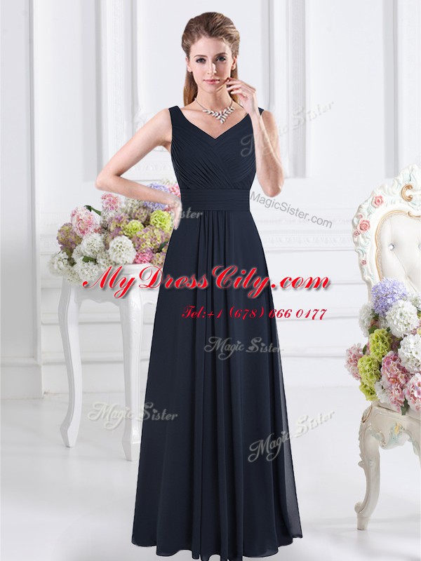 Floor Length Empire Sleeveless Navy Blue Bridesmaid Dresses Zipper