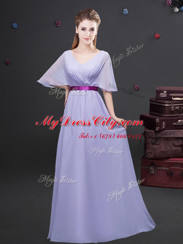 Lavender Zipper Wedding Guest Dresses Ruching and Belt Half Sleeves Floor Length