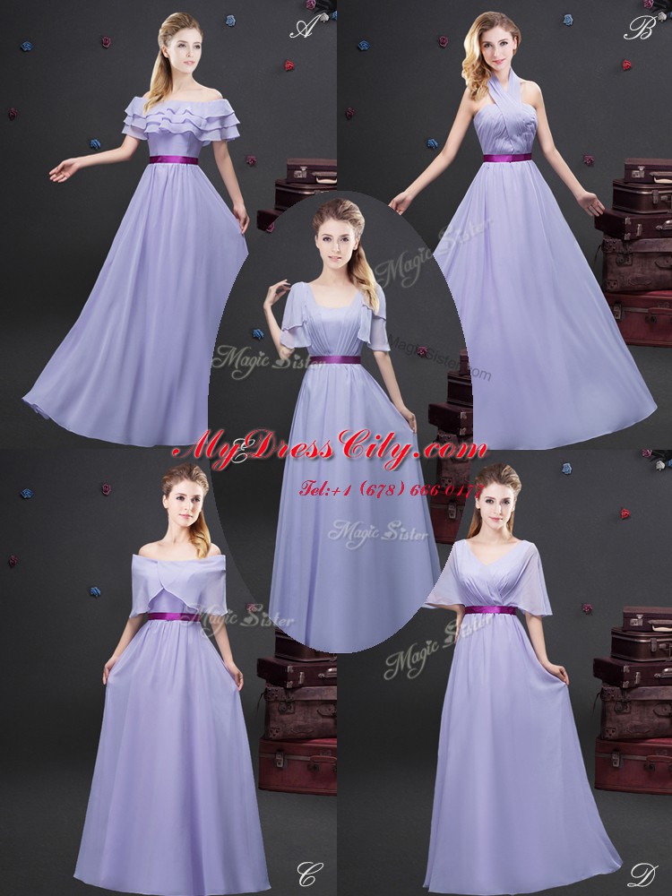 Lavender Zipper Wedding Guest Dresses Ruching and Belt Half Sleeves Floor Length