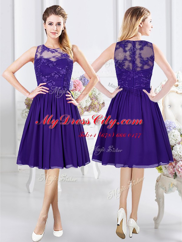 Affordable Scoop Purple Chiffon Zipper Wedding Party Dress Sleeveless Knee Length Lace