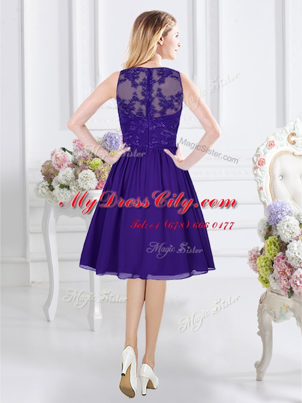 Affordable Scoop Purple Chiffon Zipper Wedding Party Dress Sleeveless Knee Length Lace