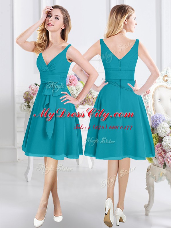 Cheap Chiffon V-neck Sleeveless Zipper Ruching and Belt Wedding Guest Dresses in Teal