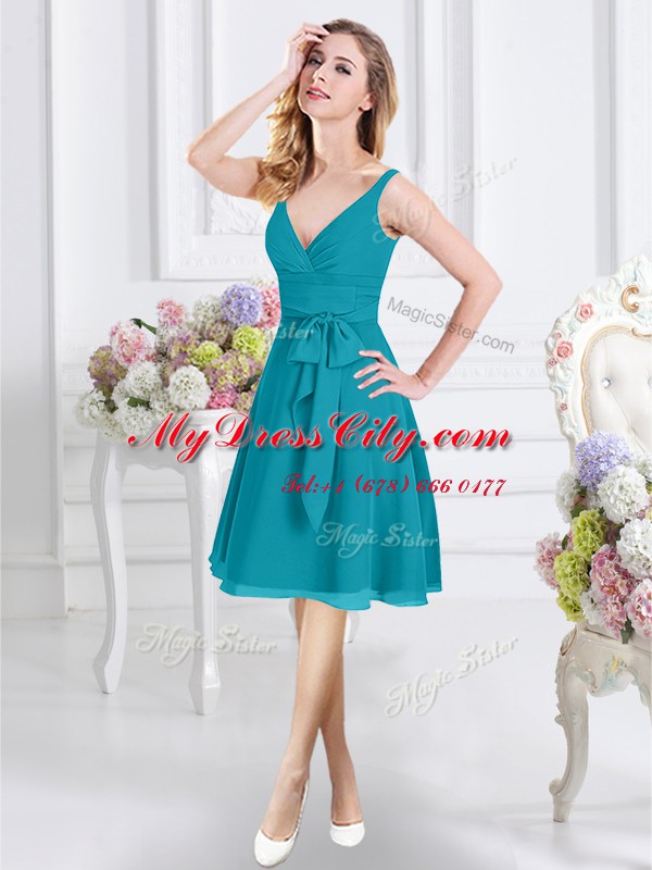 Cheap Chiffon V-neck Sleeveless Zipper Ruching and Belt Wedding Guest Dresses in Teal