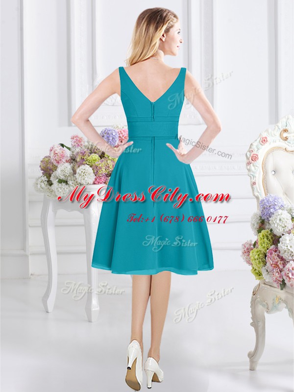 Cheap Chiffon V-neck Sleeveless Zipper Ruching and Belt Wedding Guest Dresses in Teal