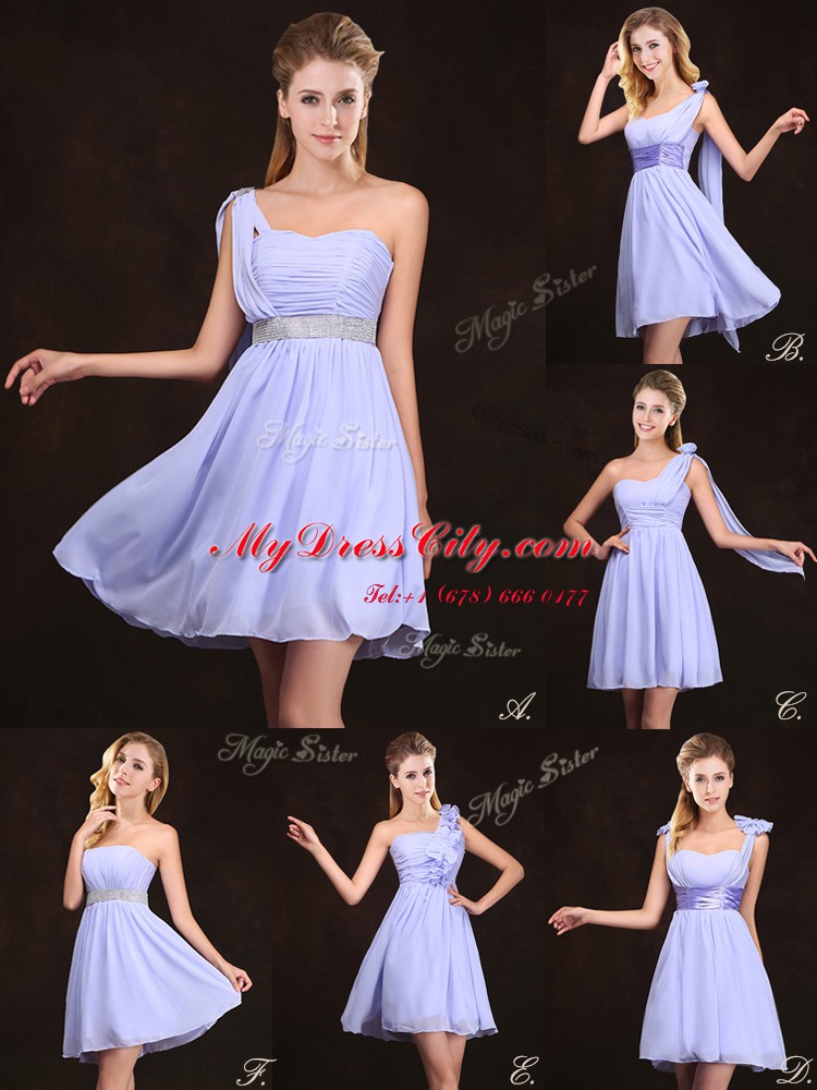 Flirting Lavender Sleeveless Ruffles and Sequins and Ruching and Bowknot and Hand Made Flower Mini Length Dama Dress for Quinceanera