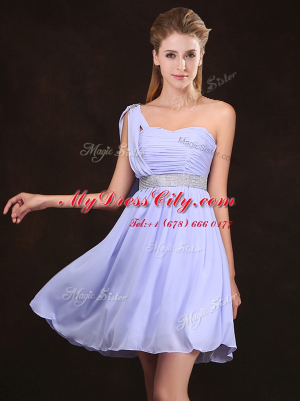 Flirting Lavender Sleeveless Ruffles and Sequins and Ruching and Bowknot and Hand Made Flower Mini Length Dama Dress for Quinceanera