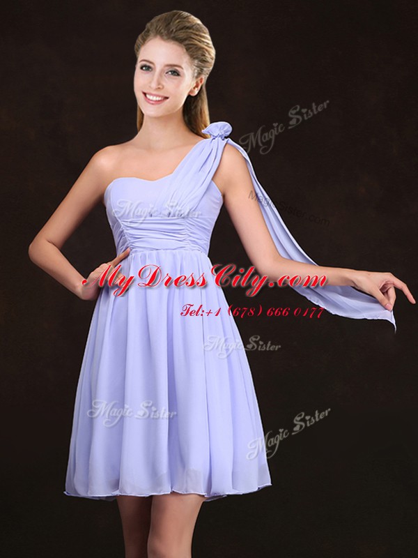 Flirting Lavender Sleeveless Ruffles and Sequins and Ruching and Bowknot and Hand Made Flower Mini Length Dama Dress for Quinceanera