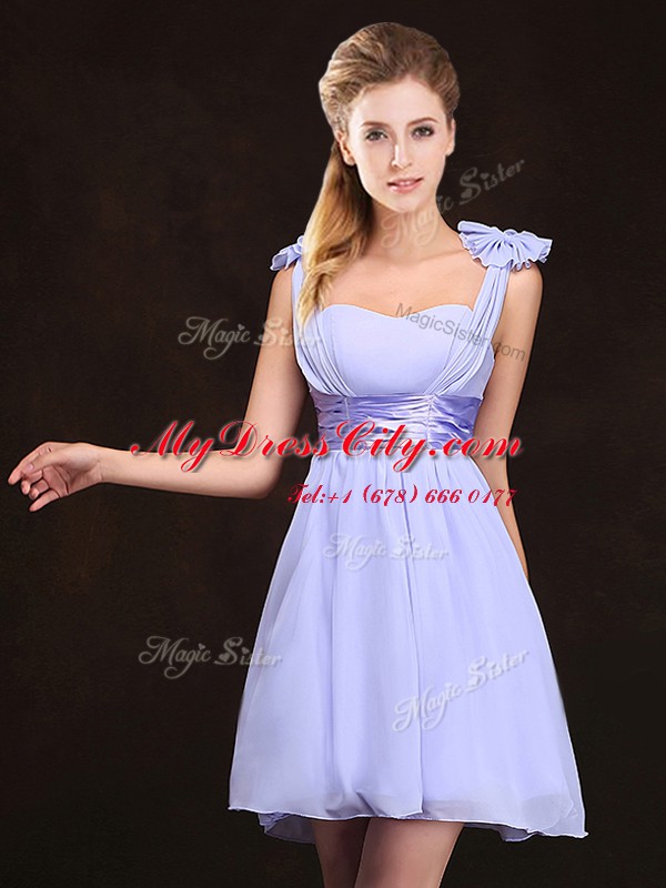 Flirting Lavender Sleeveless Ruffles and Sequins and Ruching and Bowknot and Hand Made Flower Mini Length Dama Dress for Quinceanera