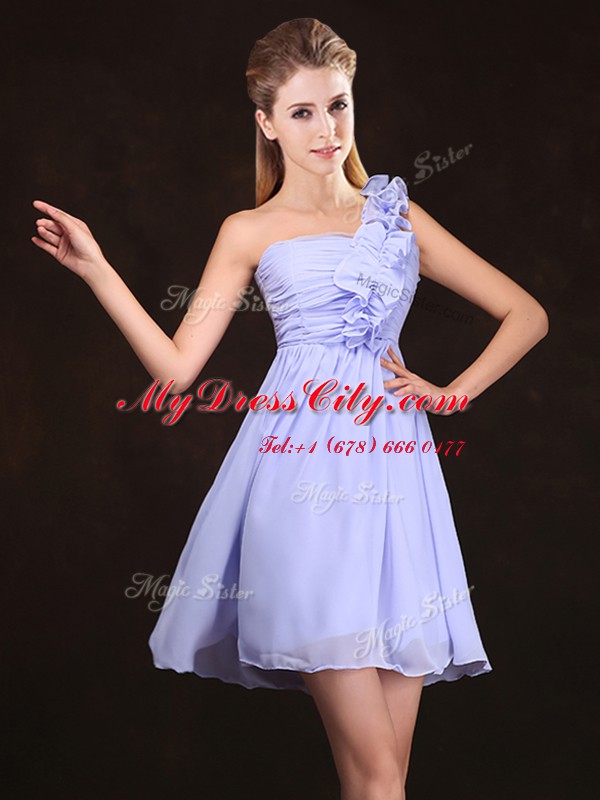 Flirting Lavender Sleeveless Ruffles and Sequins and Ruching and Bowknot and Hand Made Flower Mini Length Dama Dress for Quinceanera