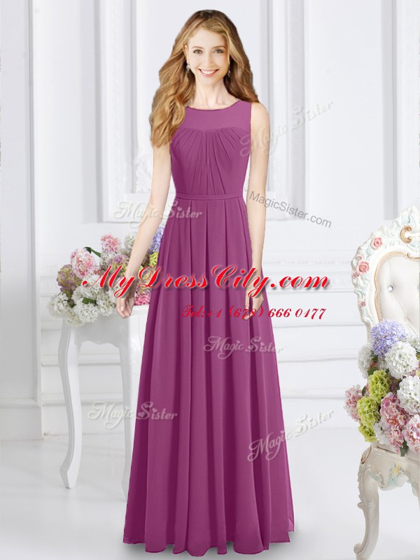 Scoop Sleeveless Quinceanera Dama Dress Floor Length Ruching Fuchsia Chiffon