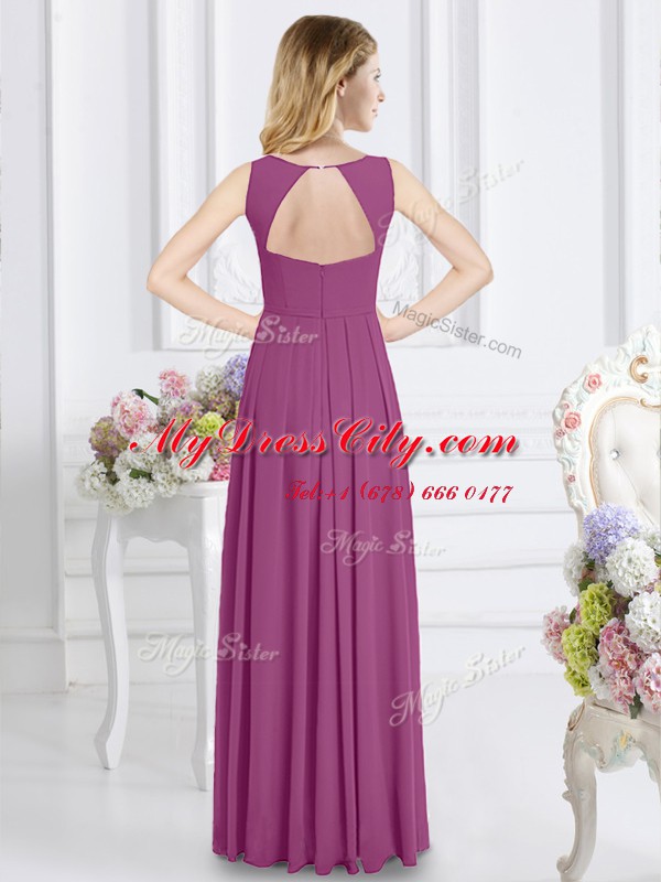 Scoop Sleeveless Quinceanera Dama Dress Floor Length Ruching Fuchsia Chiffon