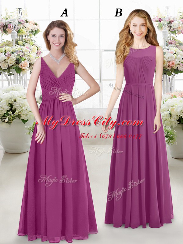 Scoop Sleeveless Quinceanera Dama Dress Floor Length Ruching Fuchsia Chiffon