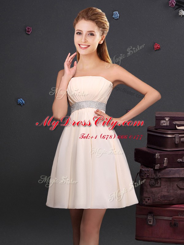 Custom Design Champagne Empire Strapless Sleeveless Chiffon Zipper Sequins and Ruching Wedding Party Dress