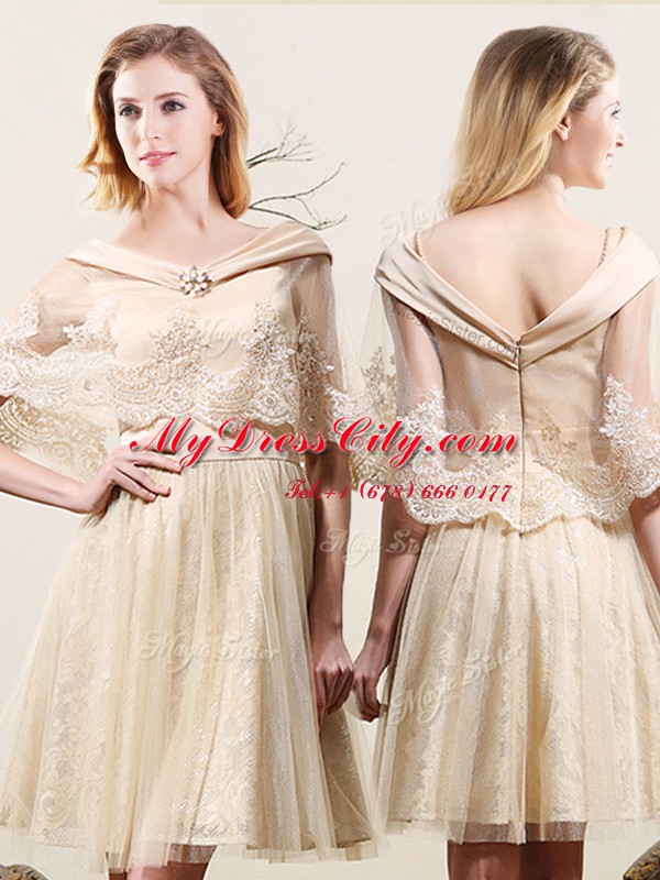 Off The Shoulder Sleeveless Court Dresses for Sweet 16 Mini Length Lace Champagne Tulle and Lace