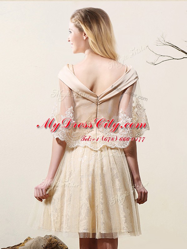 Off The Shoulder Sleeveless Court Dresses for Sweet 16 Mini Length Lace Champagne Tulle and Lace