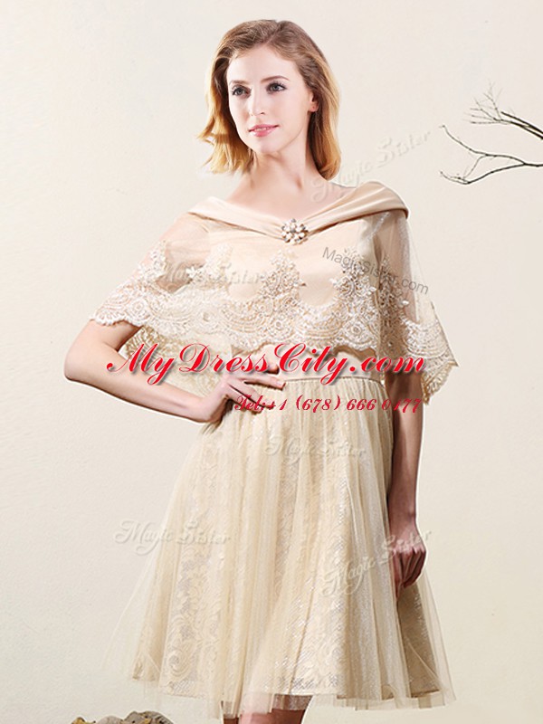 Off The Shoulder Sleeveless Court Dresses for Sweet 16 Mini Length Lace Champagne Tulle and Lace