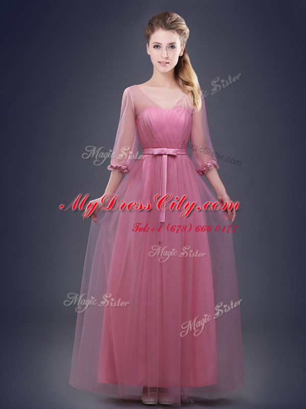 Pink Lace Up Quinceanera Court of Honor Dress Ruching and Bowknot Half Sleeves Floor Length