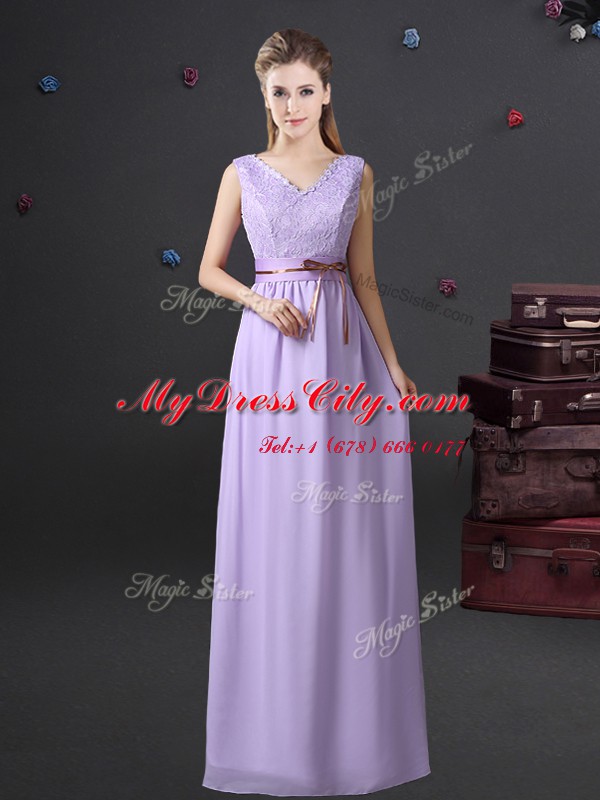 Floor Length Lavender Quinceanera Court of Honor Dress Chiffon Sleeveless Lace and Belt