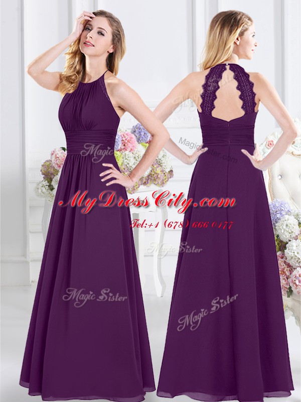 Halter Top Purple Chiffon Zipper Bridesmaids Dress Sleeveless Floor Length Ruching