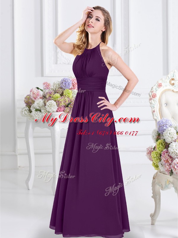 Halter Top Purple Chiffon Zipper Bridesmaids Dress Sleeveless Floor Length Ruching