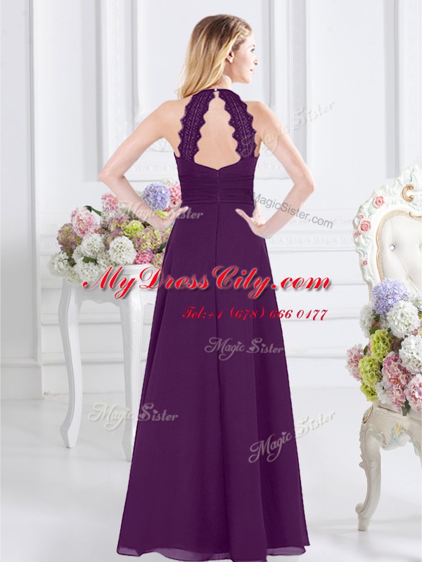 Halter Top Purple Chiffon Zipper Bridesmaids Dress Sleeveless Floor Length Ruching