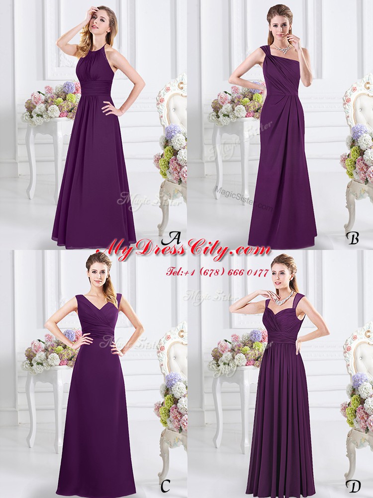 Halter Top Purple Chiffon Zipper Bridesmaids Dress Sleeveless Floor Length Ruching