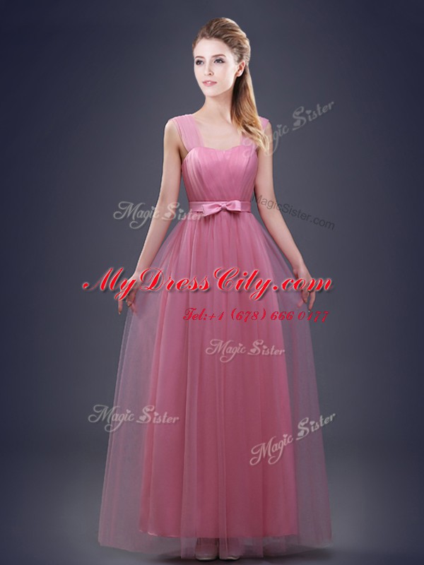 Straps Pink Tulle Lace Up Dama Dress Sleeveless Floor Length Ruching and Bowknot