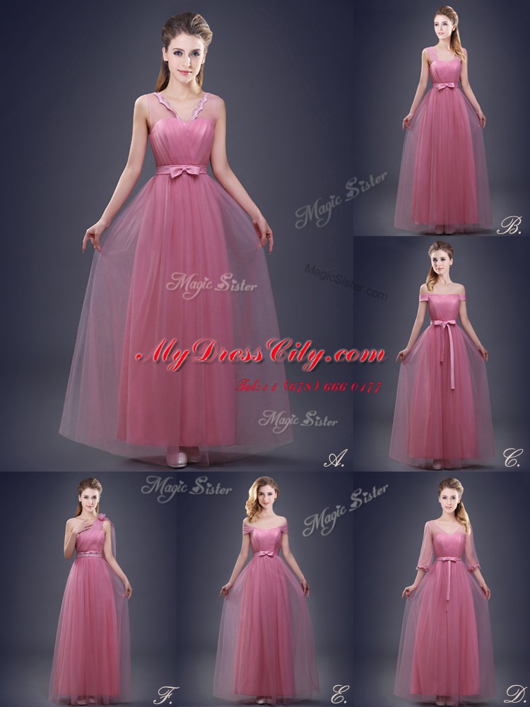 Straps Pink Tulle Lace Up Dama Dress Sleeveless Floor Length Ruching and Bowknot